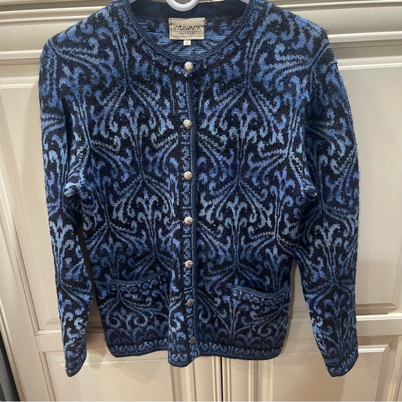 Intiwara Alpaca Button Up Blue Black Medium Cardigan - Picture 4 of 4